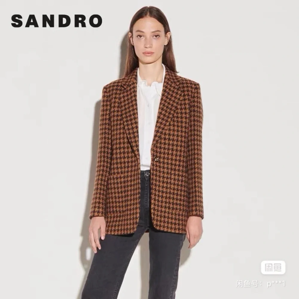 SANDRO wool Women's Brown Houndstooth Jacket and shorts set - Picture 2 of 8
